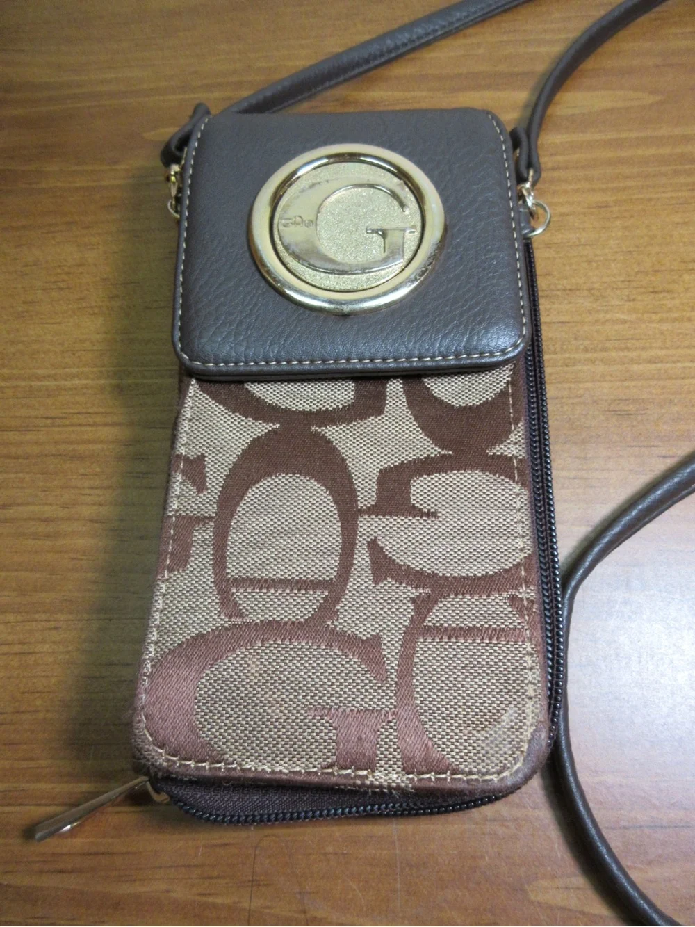 Brown Crossbody Phone Wallet with Gold Accent